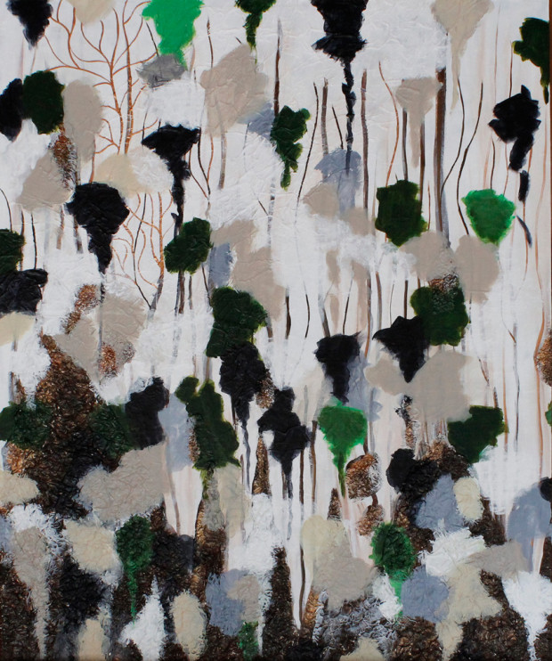 Snow in the Trees, Forest Painted in White, Green, Black, Abstract, Texture