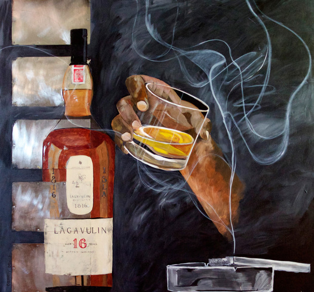 Lagavulin Whisky and Cigarette Smoke Original Painting, Mixed Media