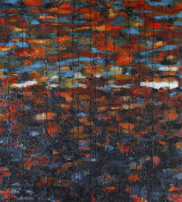 Texture, Mixed Media Painting with Blue, Orange, Tree, Sunset, Sun falling into the Horizon