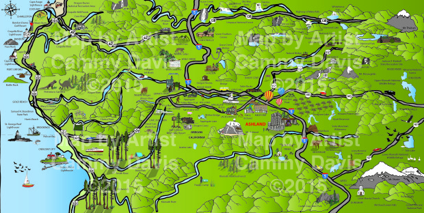 Artistic Map from Ashland, Oregon Day Trips of Ashland Oregon and surrounding areas