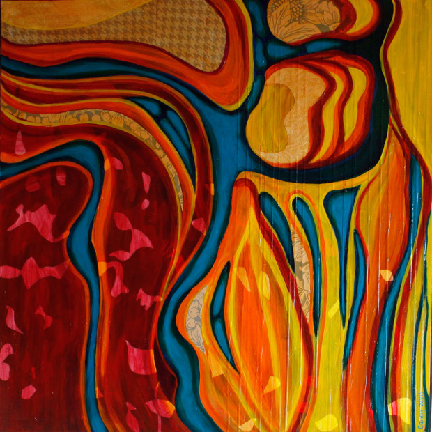 Mixed Media Painting with Red, Yellow, Loose lines, Organic lines