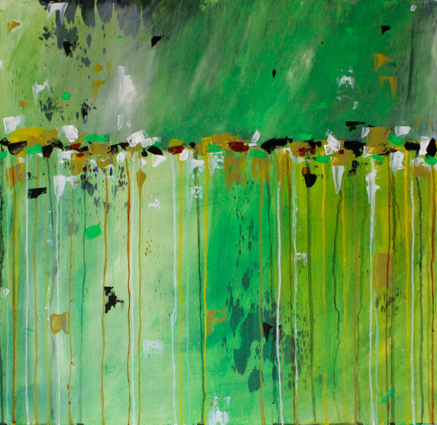 Green, Yellow, Loose Brushstrokes, Dripping Paint, Landscape, Abstract